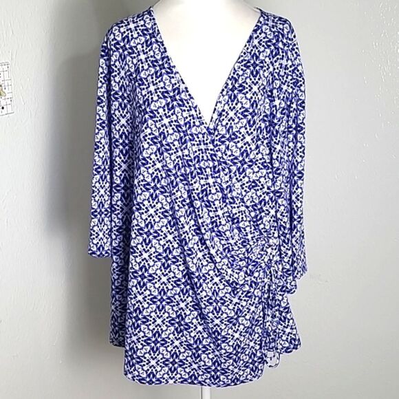 Cato Blue & White Wrap-Top with Lace-up Tie on the Side, Size 18/20W - Picture 1 of 10